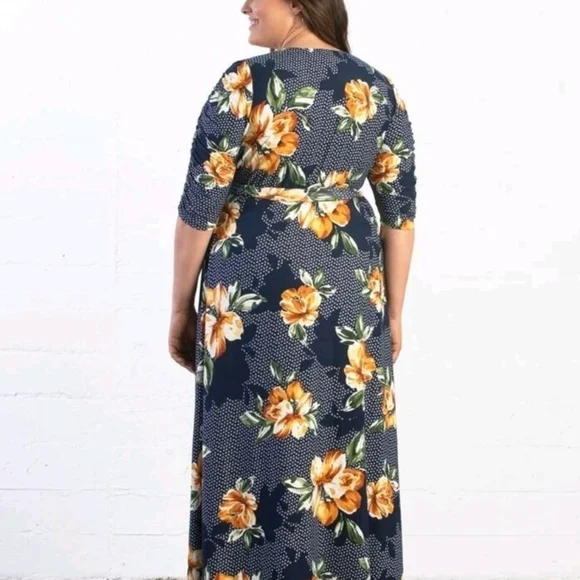 NWT Kiyonna Dress Meadow Dream Style Navy/Orange Floral 4x Maxi Wrap Dress Rare - Picture 3 of 7
